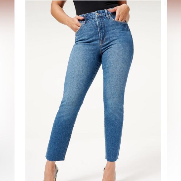 GOOD AMERICAN Good Classic Raw Hem Jeans Straight High Rise Blue940 Size 29 NEW - Picture 7 of 15